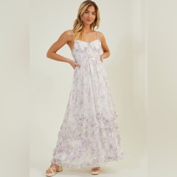 NWT ALTAR'D STATE Ada Maxi White/Pink Floral Corset Dress w Lace-up Back XS - Picture 3 of 15